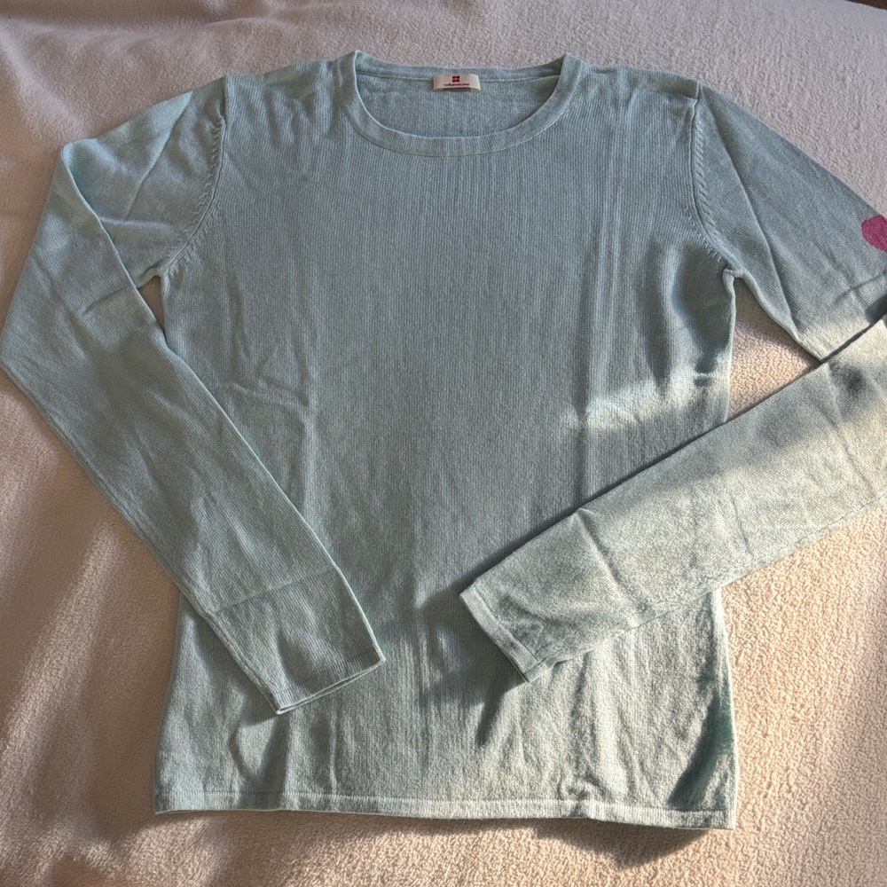 Red Envelope Soft Aqua Long Sleeve sweater cashmere/silk with Pink Heart on slee